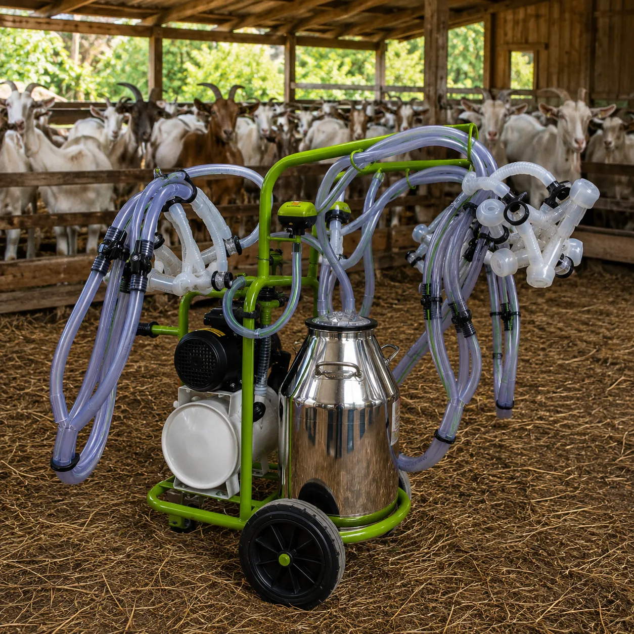 Aparat de muls capre ProMilk, 6 posturi, bidon 40L inox, pahare plastic, 480 l/min, 1,1 kW
