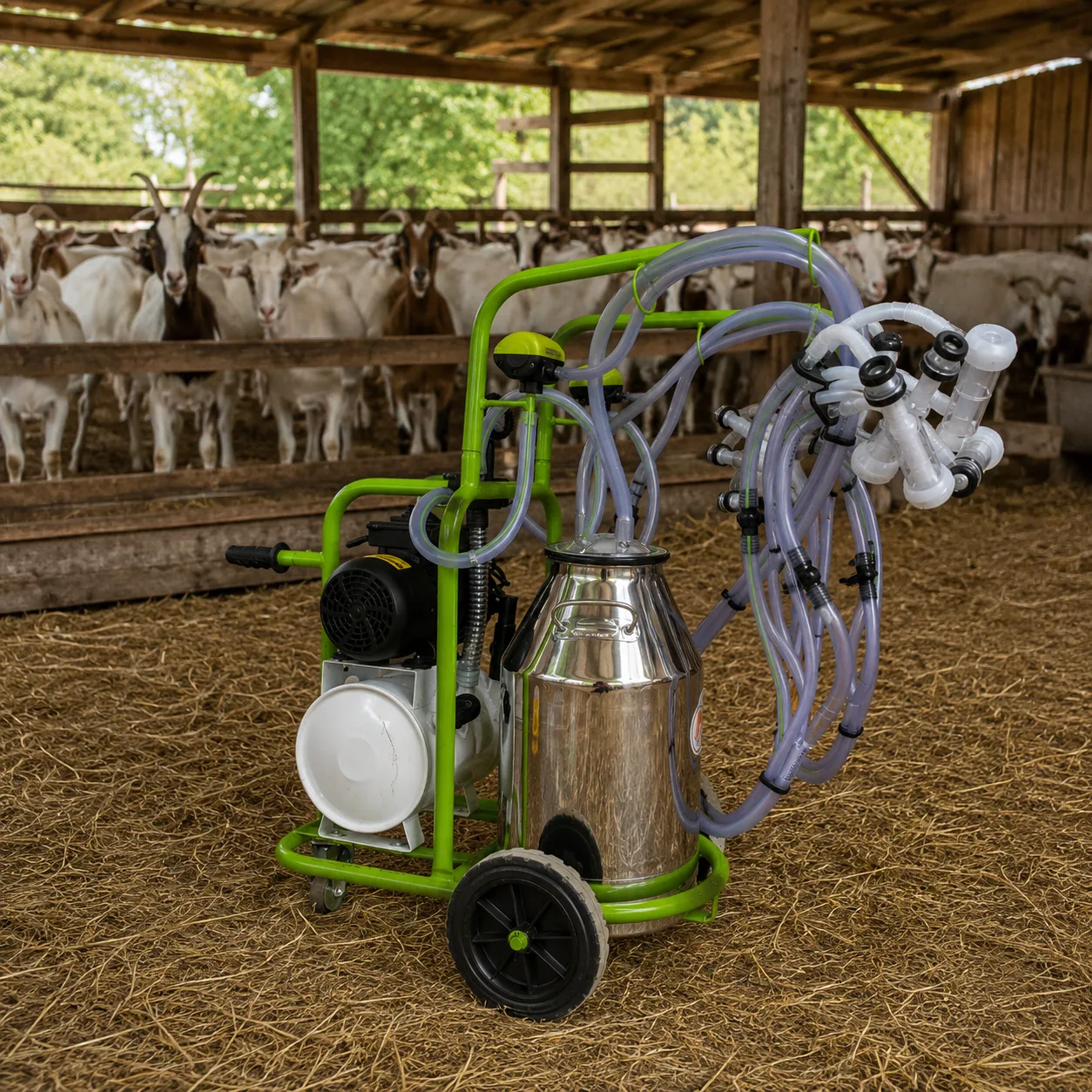 Aparat de muls capre ProMilk, 4 posturi, bidon 40L aluminiu, pahare plastic, 250 l/min, 0,55 kW